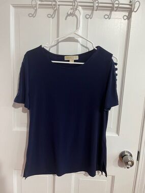 Michael Kors Navy Blue Short-Sleeve Tee with Ladder Sleeve Detail